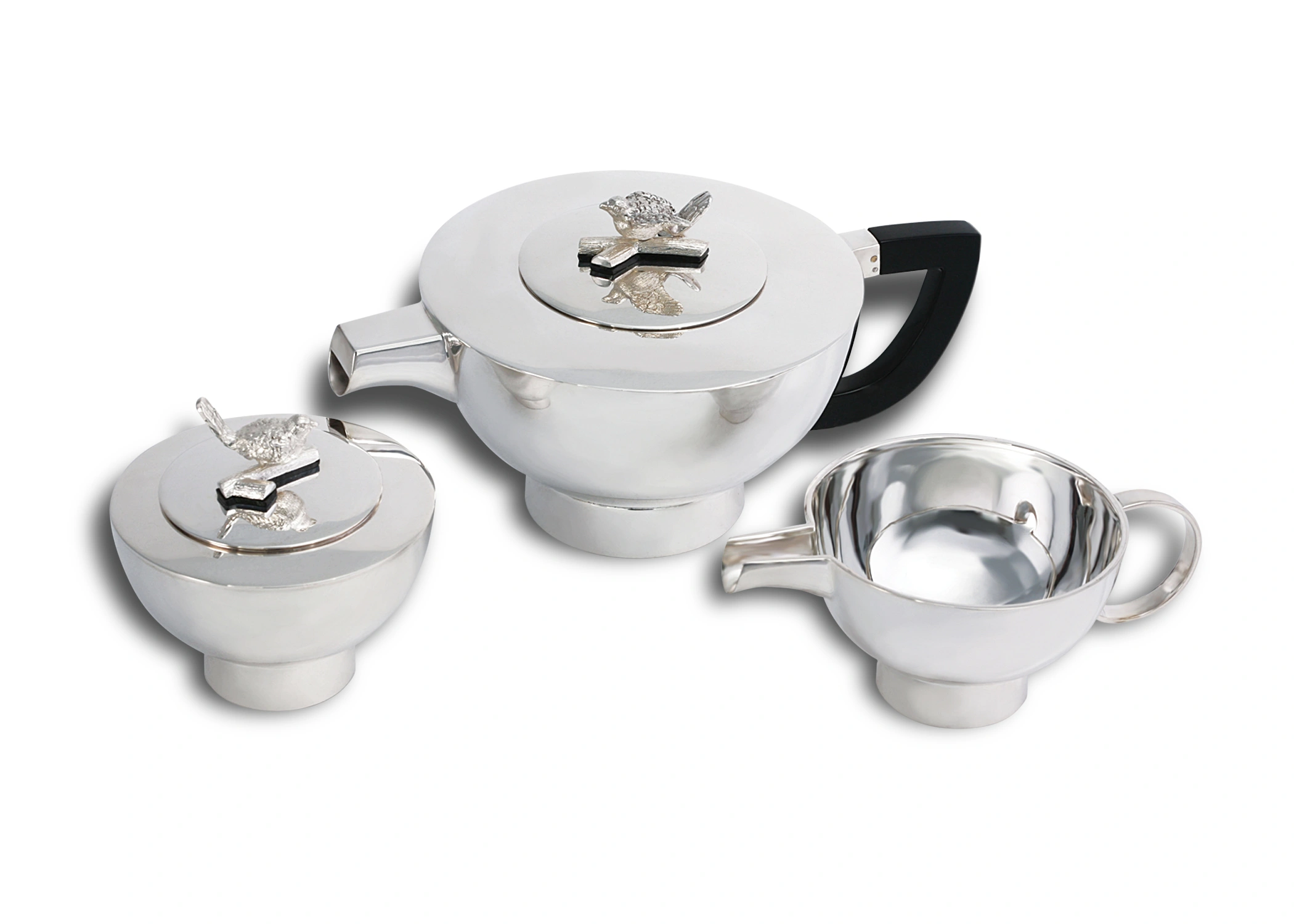 Sterling Silver with wooden handle Tea Set and a beautifully carved bird on the top lid. Bird design tea set includes tea pot, sugar pot and milk pot.