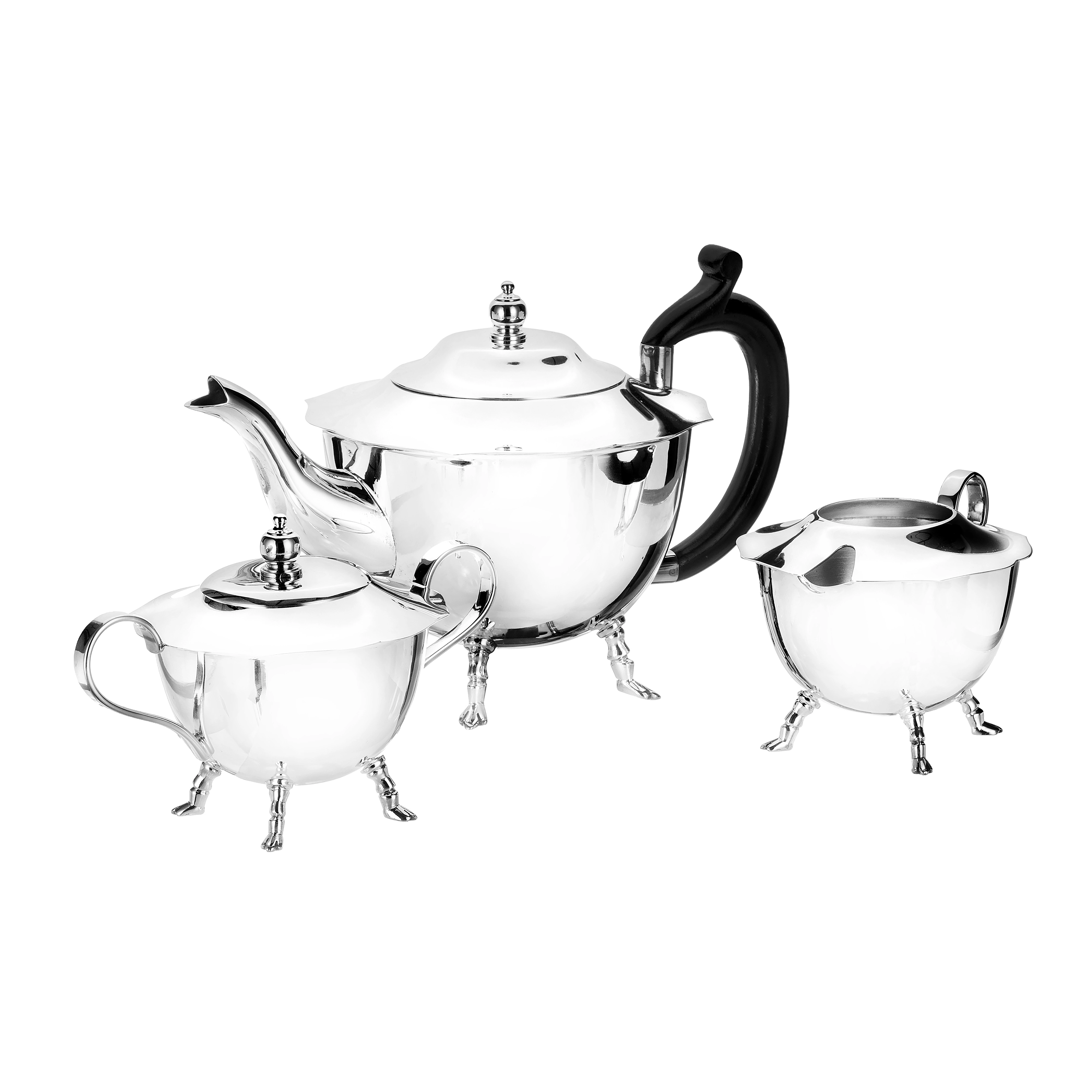 Silver Chippendale Design Tea Set With Wooden Handle. Milk & Sugar pot with Silver handle.