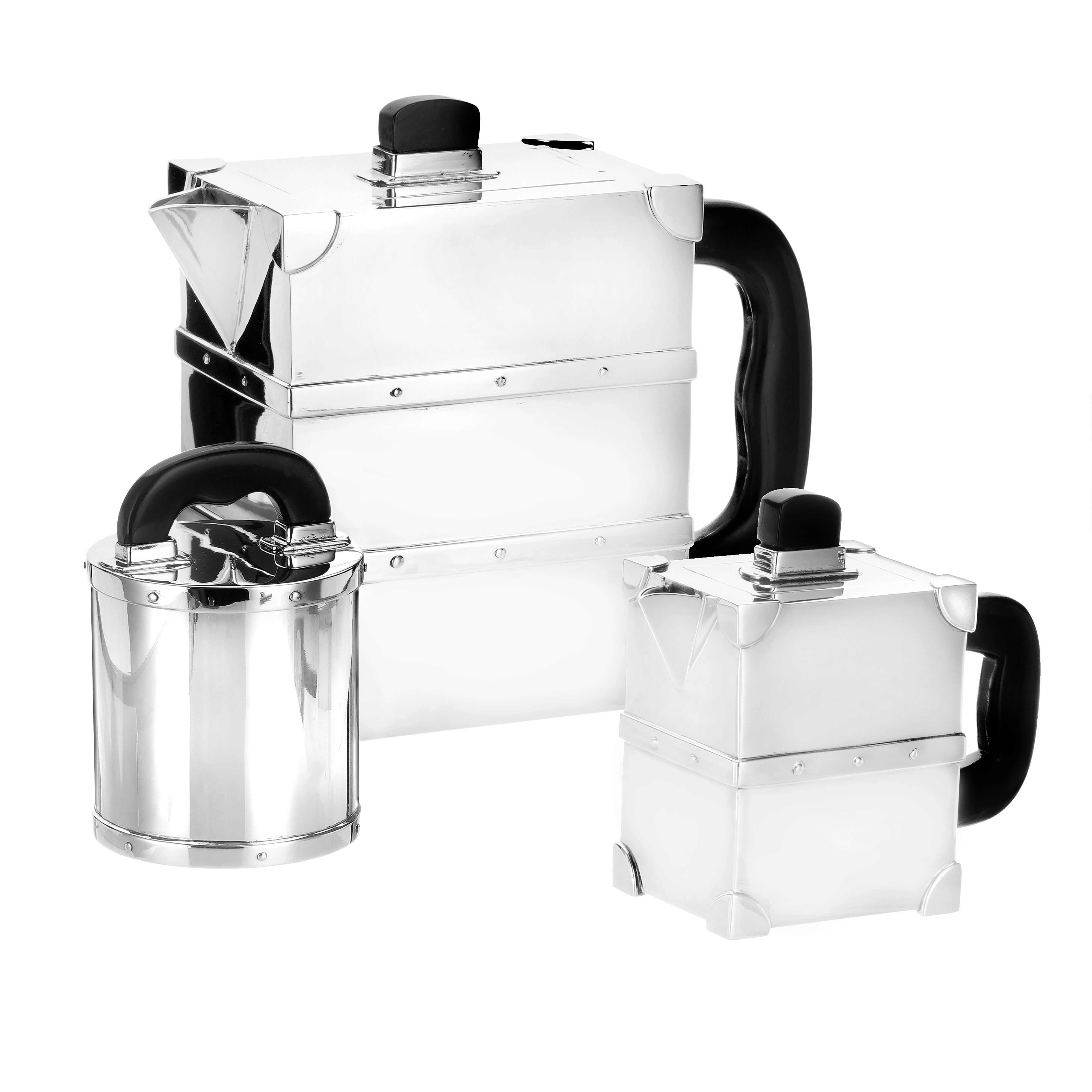 Silver Trunk Design Tea Set With Wooden handle. Milk & Sugar Pot With Wooden handle.