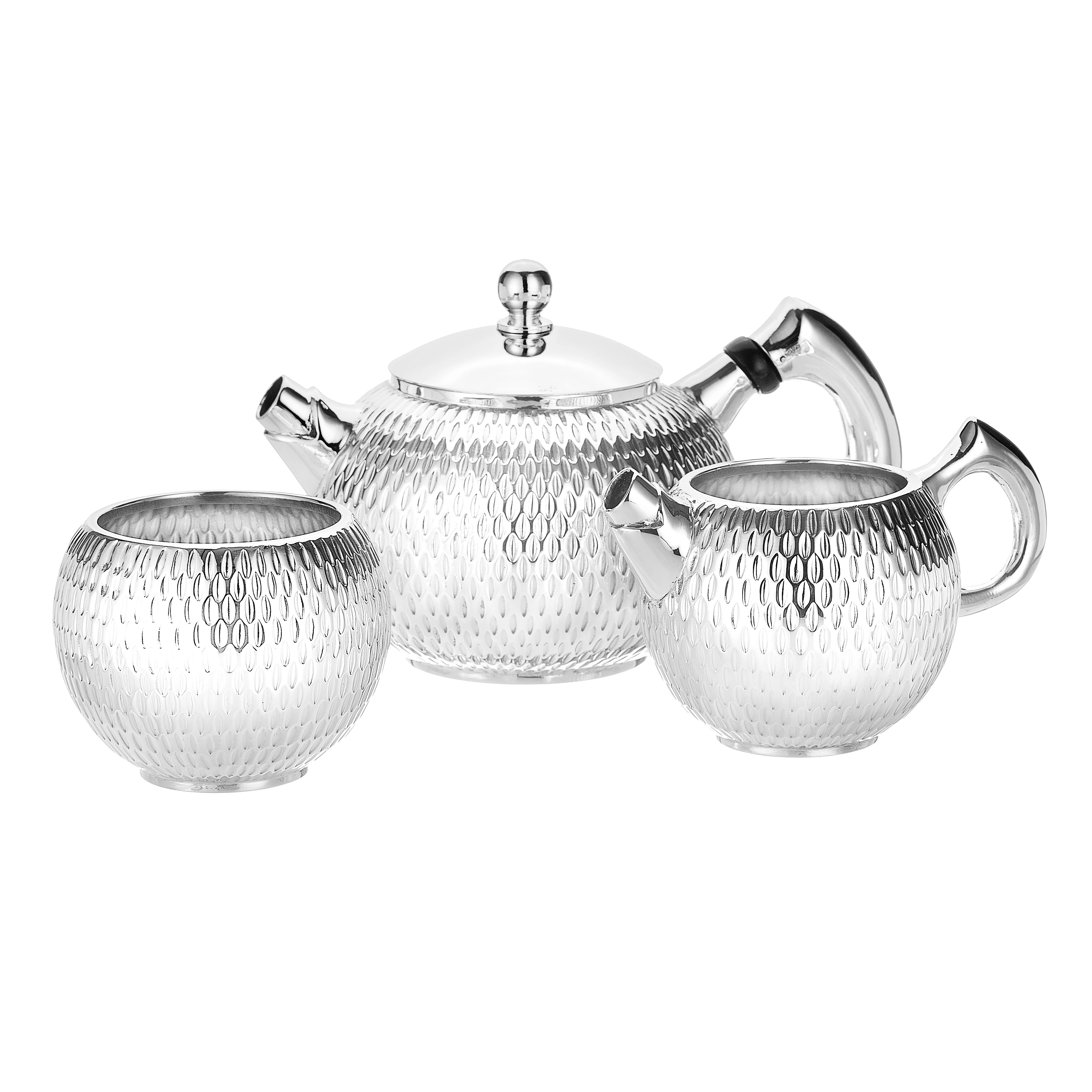 Silver Hammer Design Tea Set. Milk & Sugar pot with Silver Handle